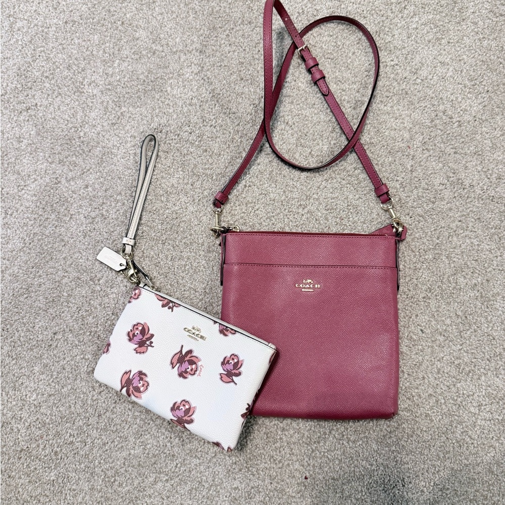 Coach Berry Pink Leather Crossbody with Floral Wristlet - Picture 1 of 3